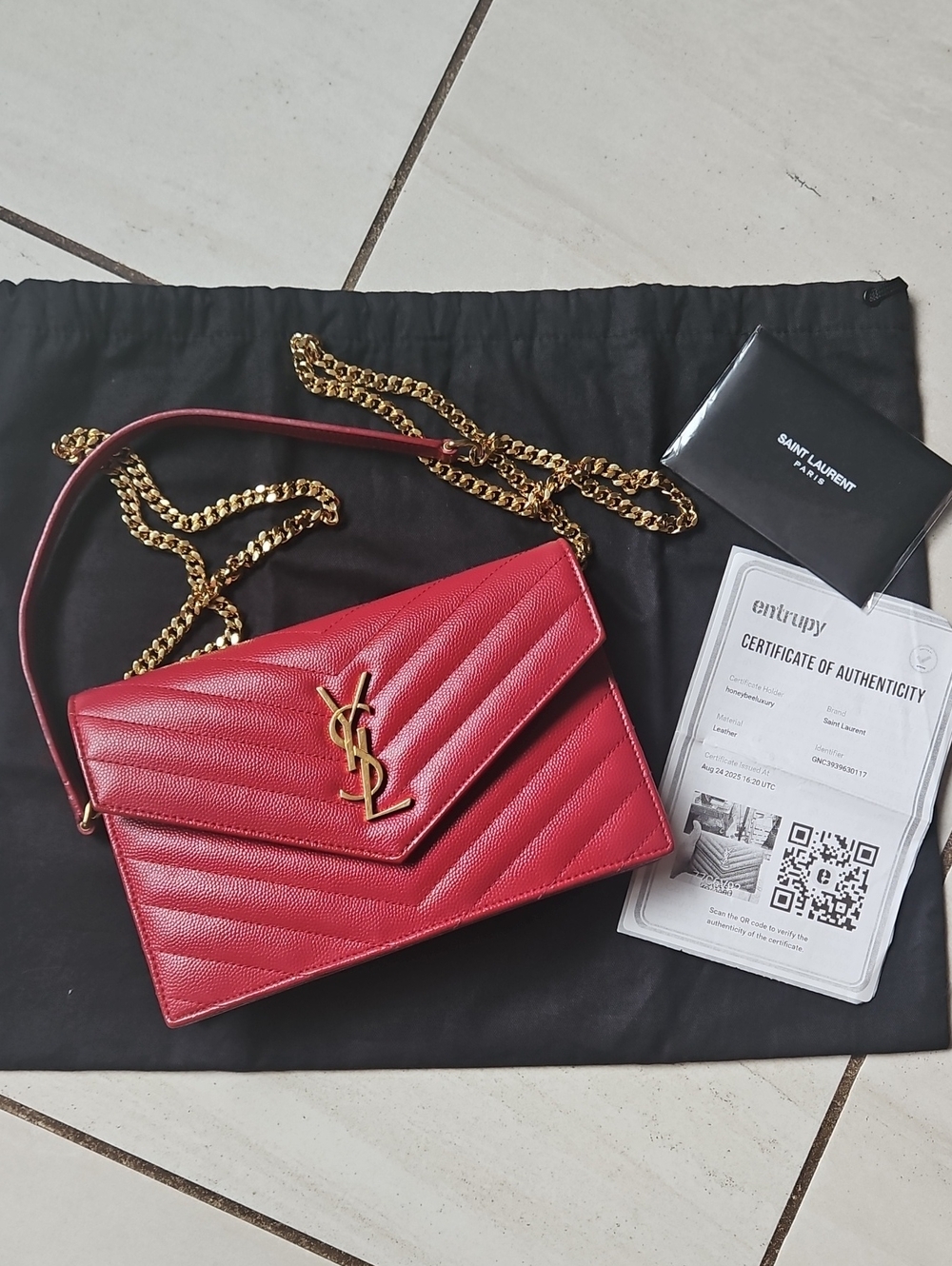 YSL Saint Laurent Cassandre Red Quilted Leather Envelope Crossbody Gold Chain